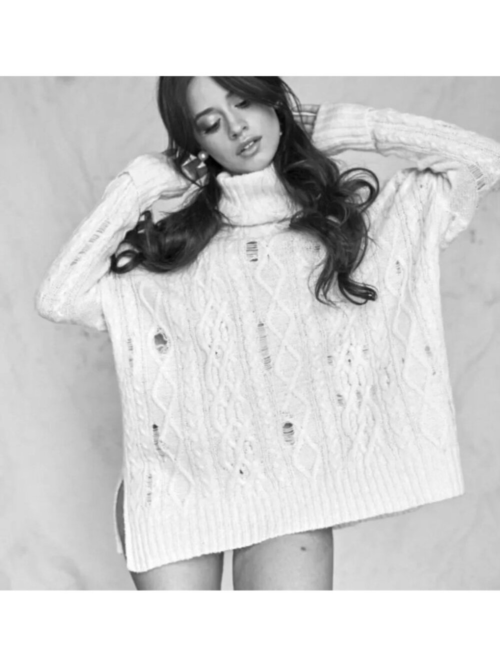 Free People Wool Alpaca Blend Complex Cable Distressed Cream Cowl-Neck Sweater